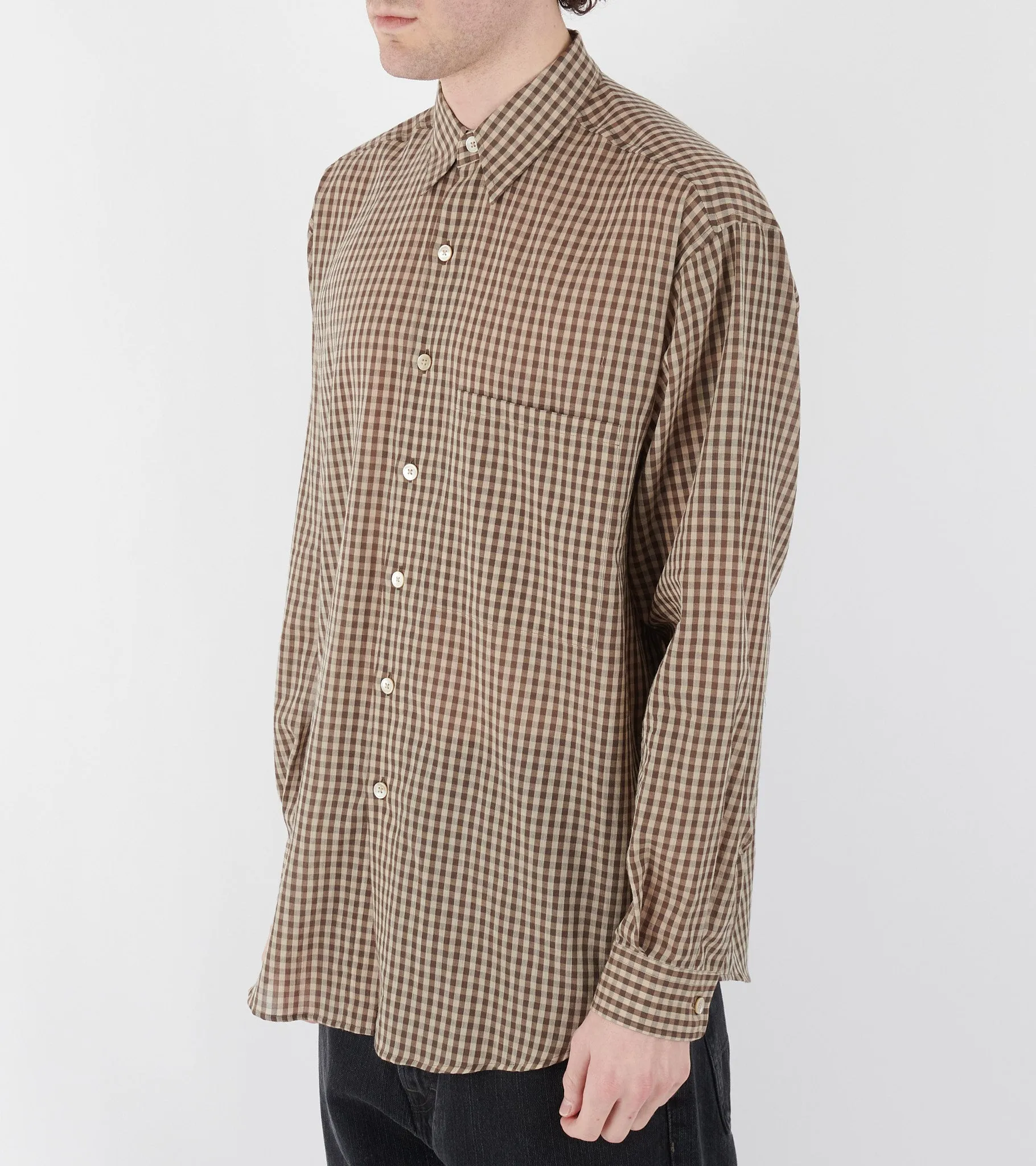 Airy Light Cotton Check Big Shirt Brown