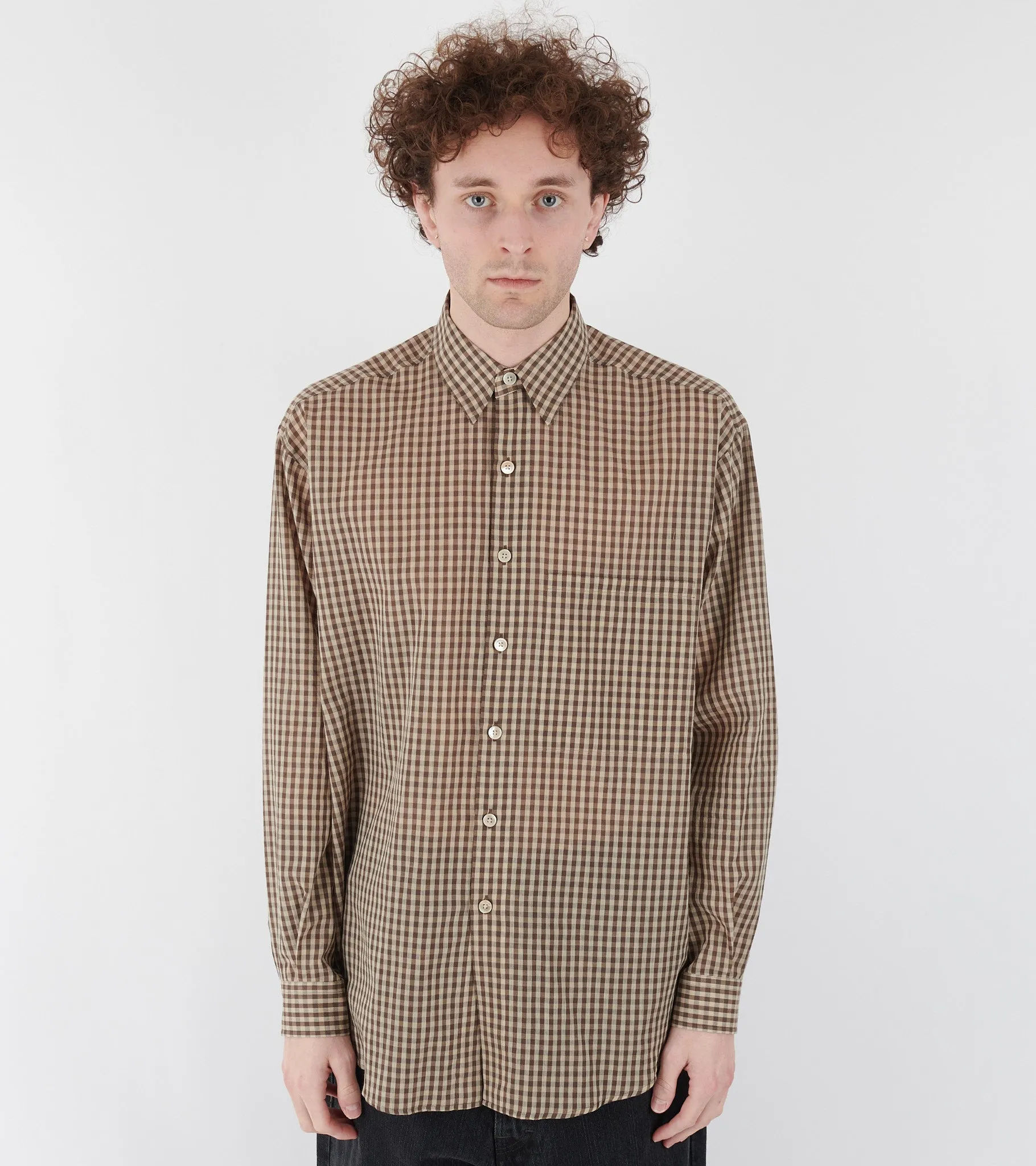 Airy Light Cotton Check Big Shirt Brown