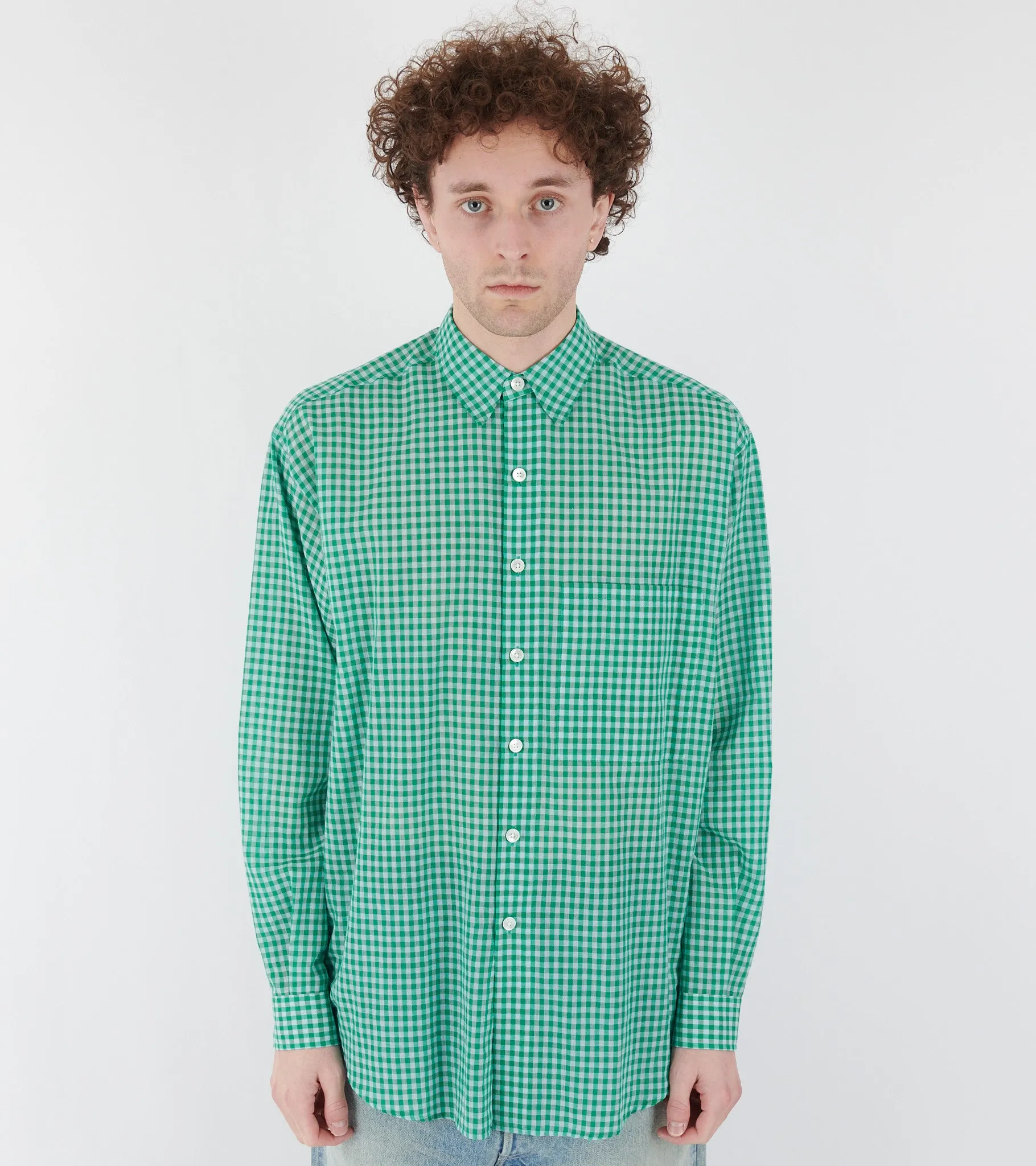 Airy Light Cotton Check Big Shirt Green