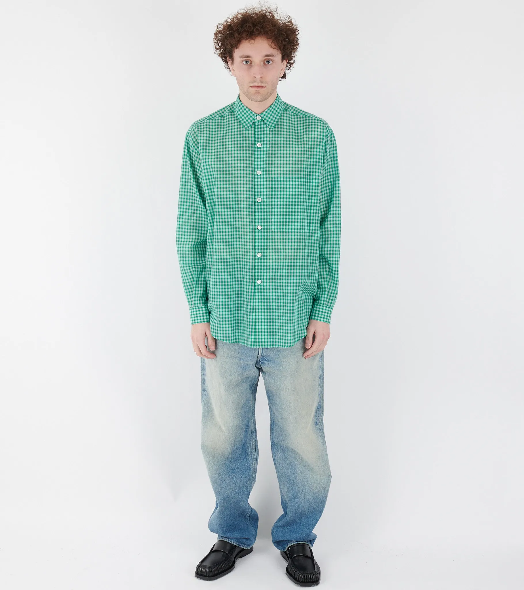 Airy Light Cotton Check Big Shirt Green