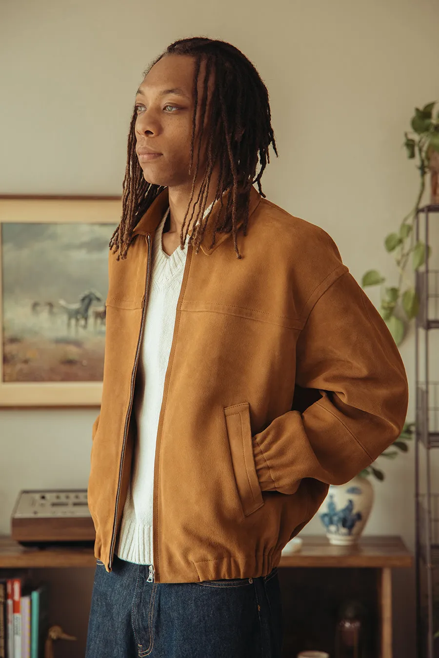 Lamb Suede Zip Blouson - Camel