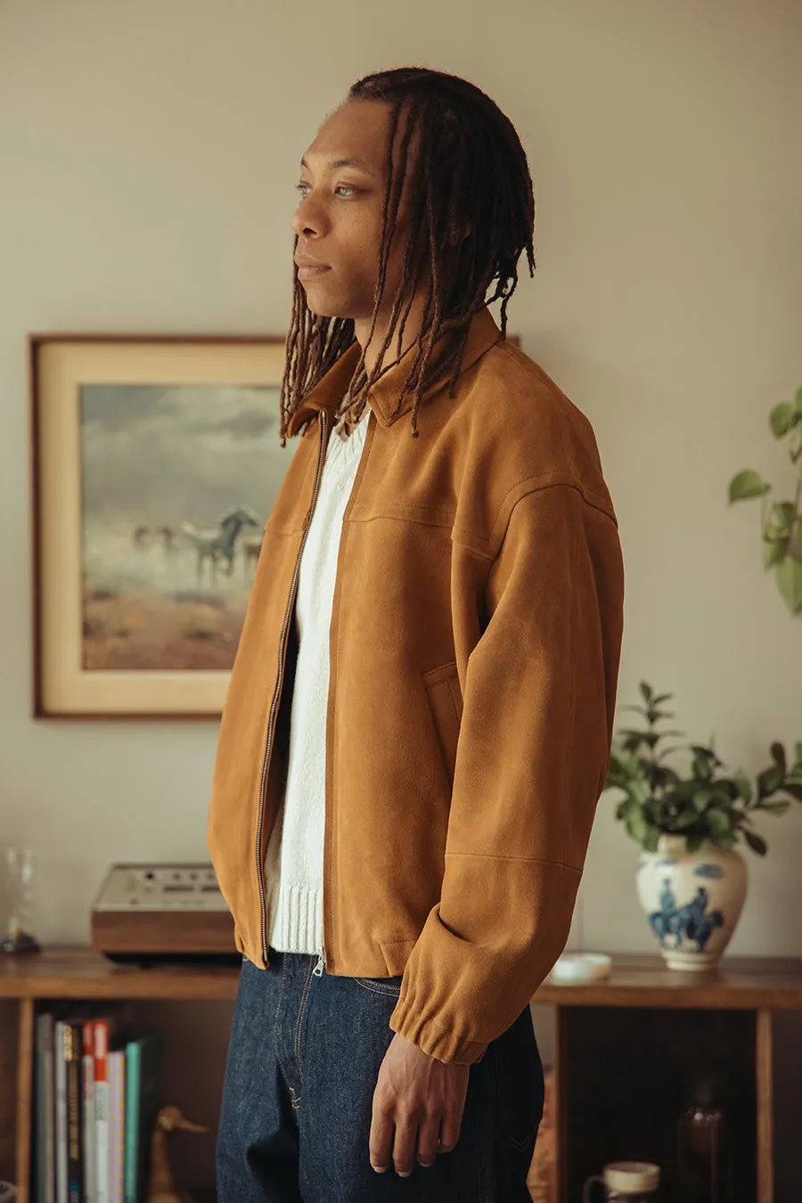 Lamb Suede Zip Blouson - Camel
