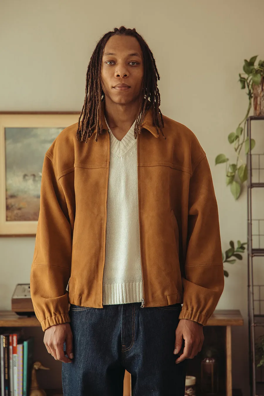 Lamb Suede Zip Blouson - Camel