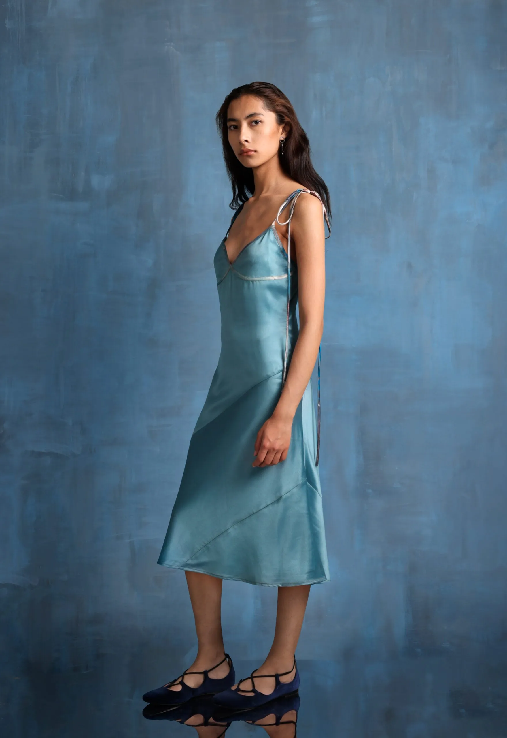 Midi Satin Dress With Noodle Straps (Marine)