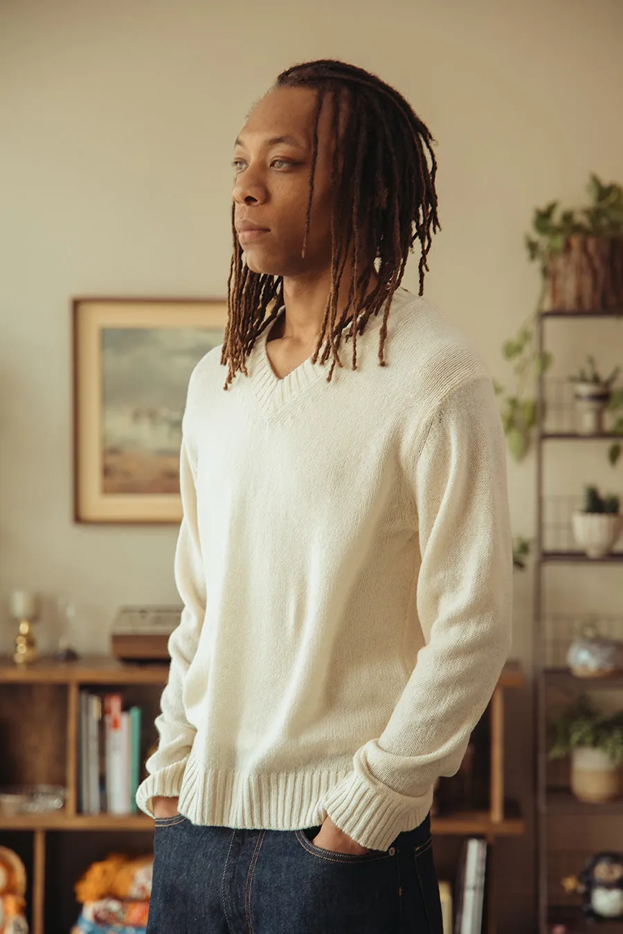 Summer Cashmere Knit V-Neck P/O - Ivory White