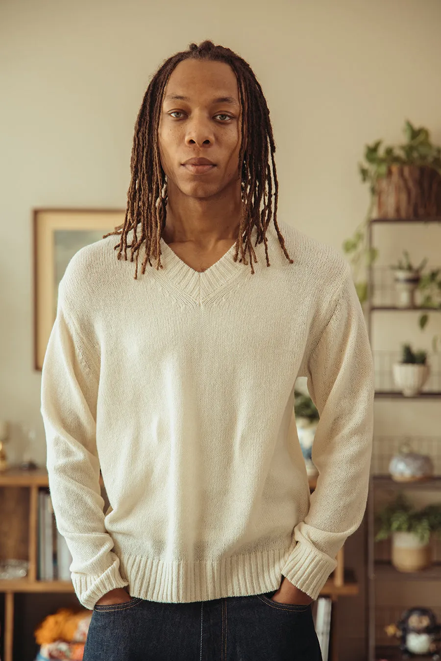 Summer Cashmere Knit V-Neck P/O - Ivory White