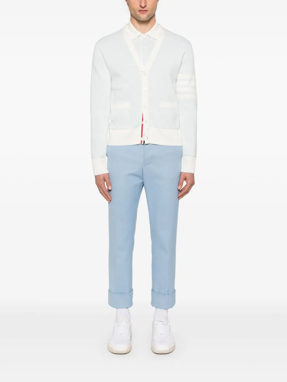 THOM BROWNE - Men Textured Striped Stitch Relaxed Fit V Neck Cardigan
