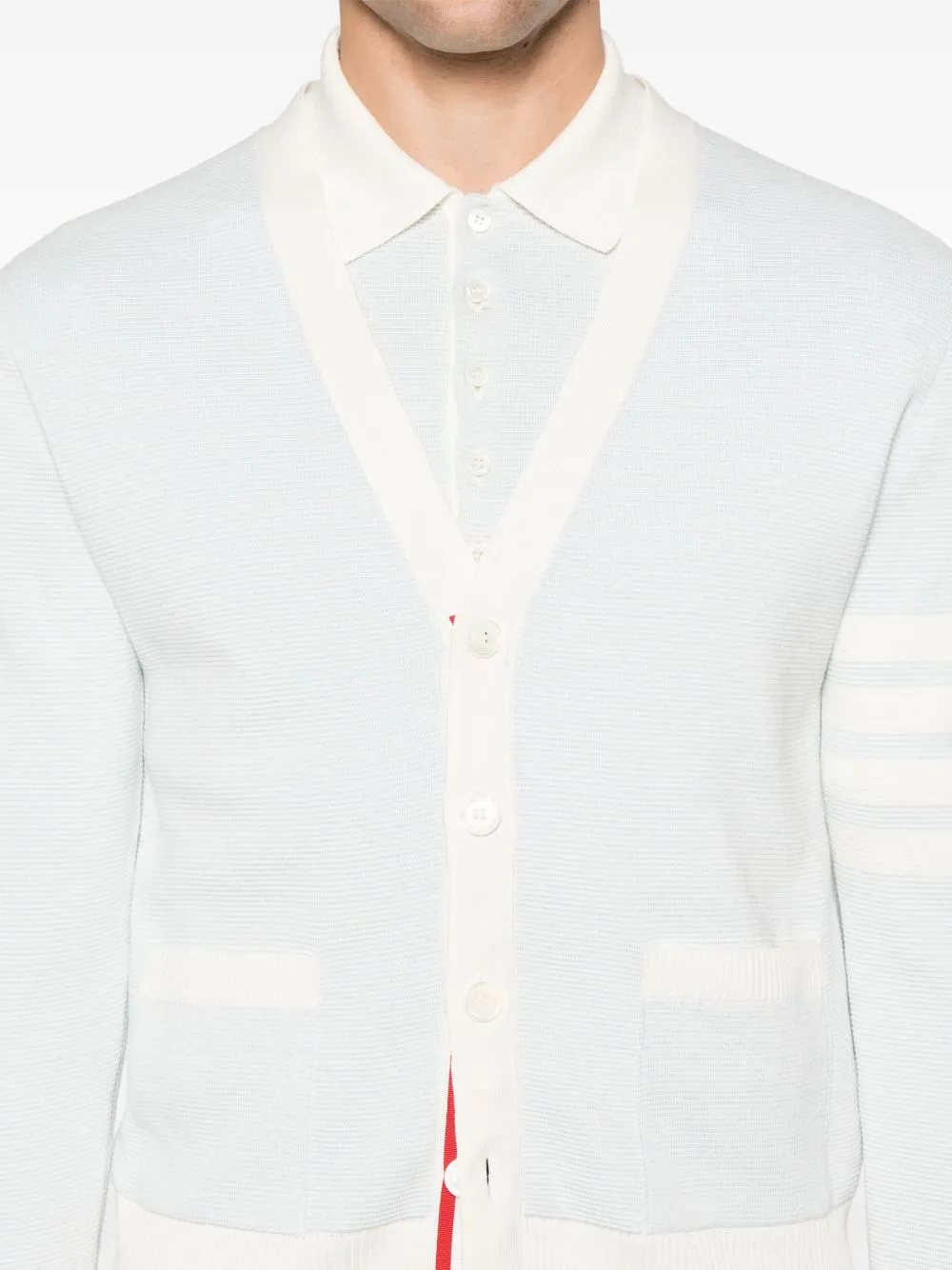 THOM BROWNE - Men Textured Striped Stitch Relaxed Fit V Neck Cardigan