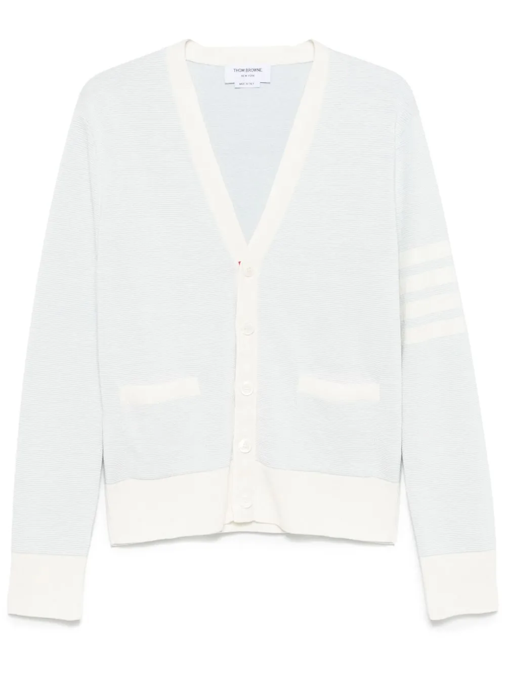 THOM BROWNE - Men Textured Striped Stitch Relaxed Fit V Neck Cardigan