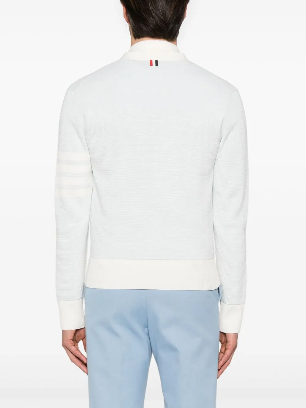 THOM BROWNE - Men Textured Striped Stitch Relaxed Fit V Neck Cardigan
