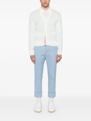 THOM BROWNE - Men Textured Striped Stitch Relaxed Fit V Neck Cardigan