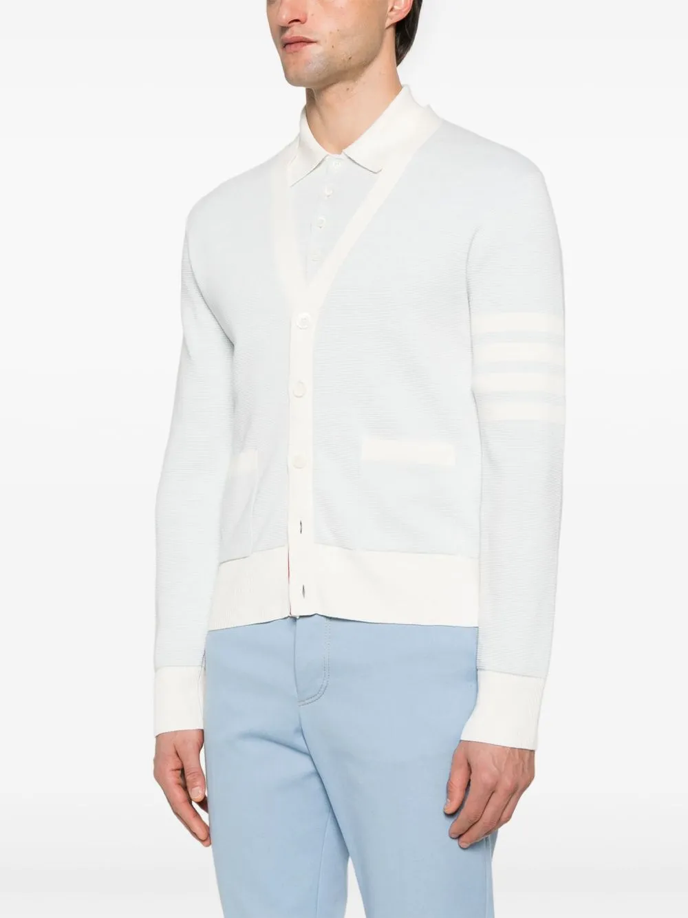 THOM BROWNE - Men Textured Striped Stitch Relaxed Fit V Neck Cardigan
