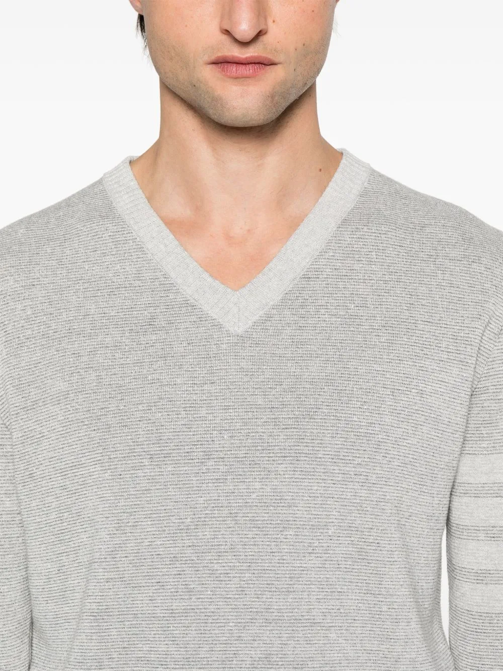 THOM BROWNE - Men Textured Striped Stitch Relaxed Fit V Neck Pullover
