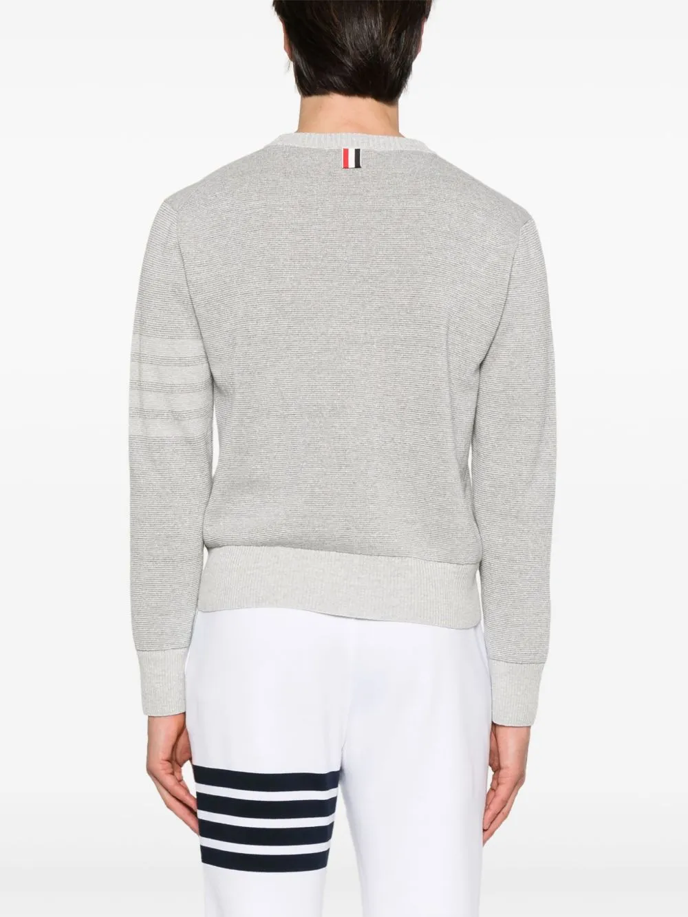THOM BROWNE - Men Textured Striped Stitch Relaxed Fit V Neck Pullover