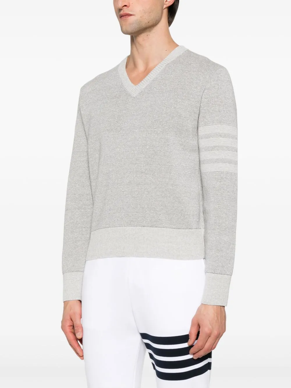 THOM BROWNE - Men Textured Striped Stitch Relaxed Fit V Neck Pullover