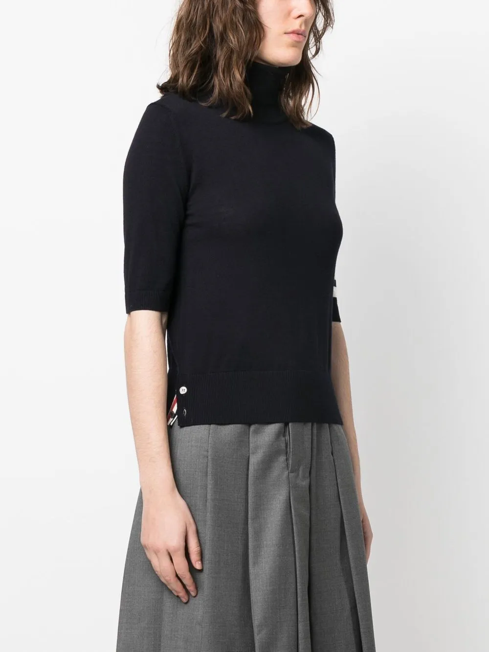 THOM BROWNE - Women Relaxed Fit Ss Turtleneck In Fine Merino Wool W/ 4 Bar Stripes