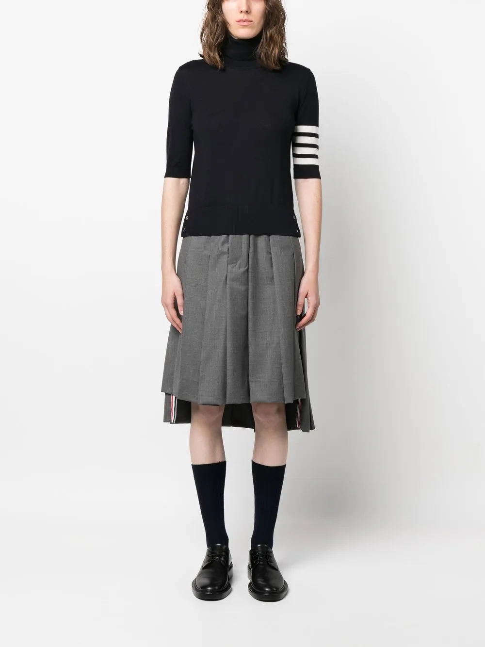 THOM BROWNE - Women Relaxed Fit Ss Turtleneck In Fine Merino Wool W/ 4 Bar Stripes